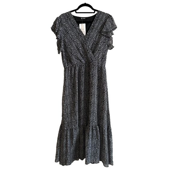 BTFBM Midi Dress Wrap V Neck Ruffle Short Sleeve Sz L Black White Abstract Print - Picture 1 of 9
